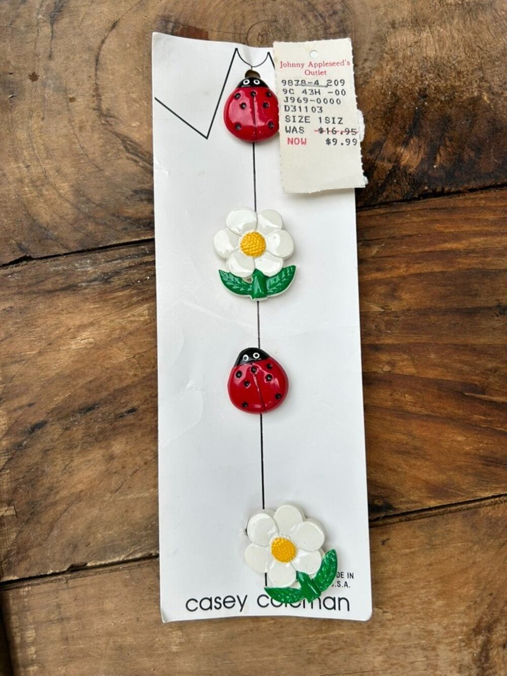 Vintage Casey Coleman Daisy Ladybug Button Covers Set of 4 Enamel Novelty USA Ca